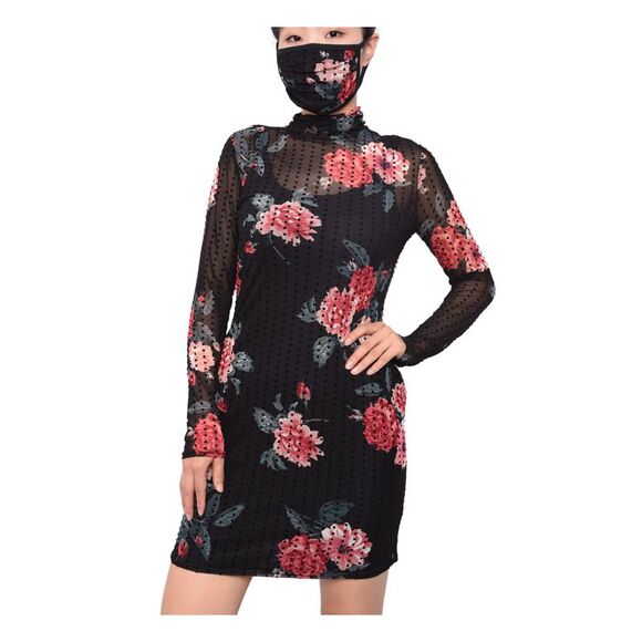 PLANET GOLD Dresses & Skirts - PLANET GOLD Womens Textured Mesh Long Sleeve Turtle Neck Short Sheath Dress